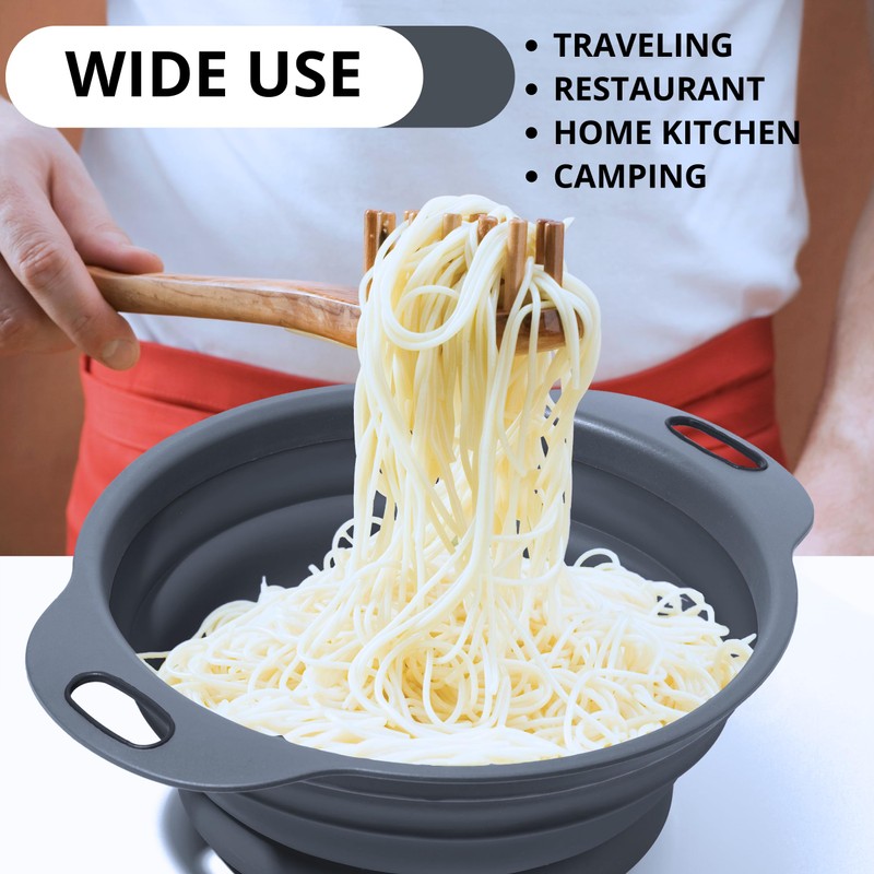 Small Food Strainer for Kitchen - Black Silicone Colander with