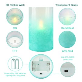 Crystal Club Flickering Flameless Candles with Timer, Real Wax Glass Effect Sandblast Candles, Battery Operated Ocean Theme LED Candles with Remote for Bathroom, Bedroom, Table Decoration