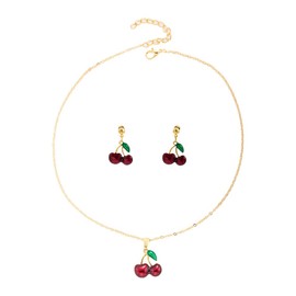 Cykdohy Sweet Cherry Earring Pendant Necklace Cute Set for Women Creative Food Dangle Green Leaves Red Enamel Summer Tropical Fruit Charm Dainty Choker Beach Statement Aesthetic Fashion Boho Jewelry,