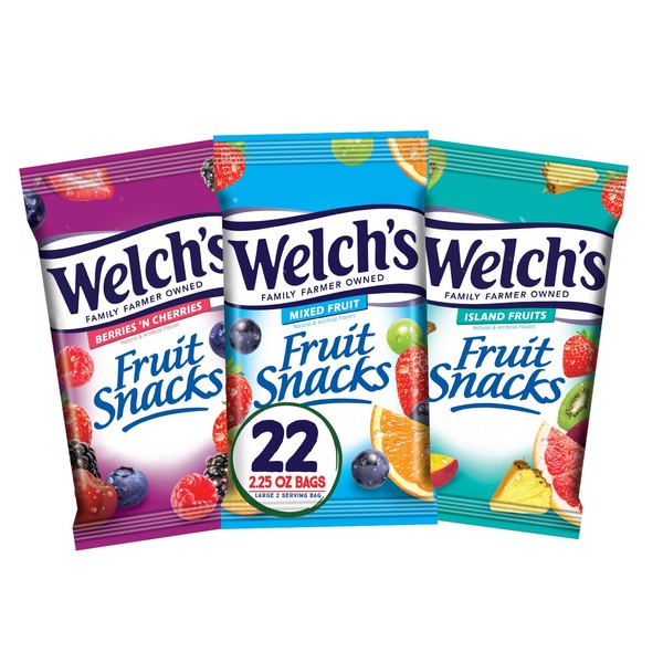 Welch's Fruit Snacks, Variety Pack with Mixed Fruit, Island Fruits & Berries 'n Cherries, Gluten Free, 2.25 oz Bags (Pack of 22)