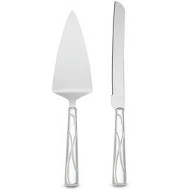 Lenox Set de Cuchillo y Paleta para Pastel Adorn, Acabado Plateado, Motivo de Cintas, Ideal como Regalo