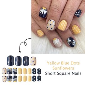 Navy Blue Press on Nails Short Square Fake Nails with White Daisy Design Black Yellow Glue on Nails White Dots Striped False Nails Glossy Reusable Summer Stick on Nails for Women Girls Manicure 24Pcs
