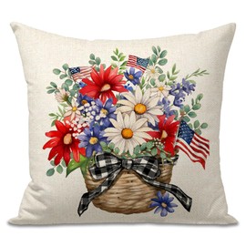FUYUCHEN 4th of July Eucalyptus Flowers Throw Pillow Cover 18 x 18 Inch America Flag Bow Patriotic Independence Memorial Day Pillow Case for Sofa Couch Decoration