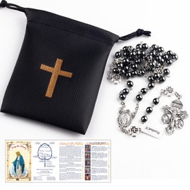 HanlinCC Catholic Rosary Necklace with Miraculous Medal and Pardon Crucifix with PU Leather Rosary Pouch and Pray Card for Men and Women (Hematite)