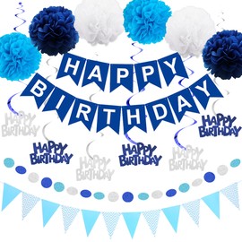 Aurmonigo Happy Birthday Banner Decorations - Blue White Party Happy Birthday Banners Bunting Hanging Swirls Garland, Tissue Paper Pom Poms for Boys Kids Adults Decoration Supplies