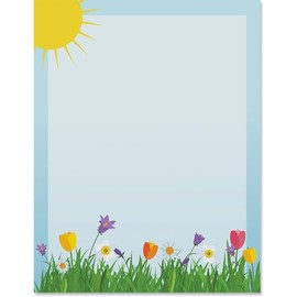 PaperDirect Cheerful Meadow Radiance Border Paper, 8.5x11 28lb Stationery with Sun, Grass & Flowers, Ideal for Invitations, Newsletters, Cards, Scrapbooks, Creative Projects, 25 Sheets