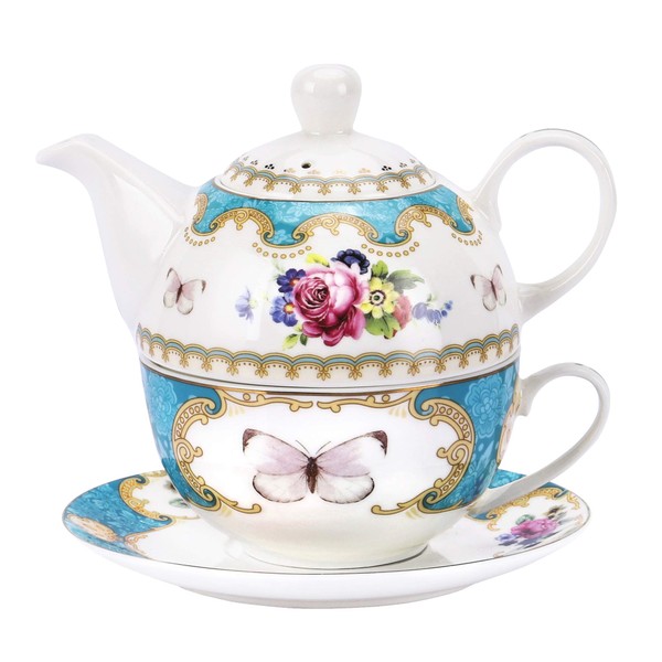fanquare Vintage Rose Flowers Tea for One Set, Porcelain Teapot Cup and Saucer Set,450ml teapot,220ml Tea Cup