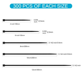 XINGO Black Zip Ties Assorted Size 1500 Pack, 4+6+8+10+12 Inch, Self-Locking UV Resistant Nylon Cable T iesPerfect for Home, Office, Garden and Workshop ﻿