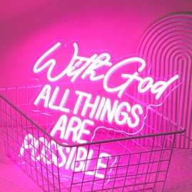 "With God All Things Are Possible" Neon Sign God Neon Light for Wall Decor Letter LED Neon Sign Pink LED Neon Light Dimmable Neon Signs for Bedroom Wedding Church Decoration