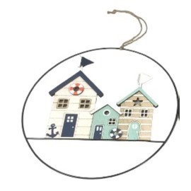 Maritimer Deko-Hänger mit Strandhäusern, Metallring, 25 cm, Weiß-Mint