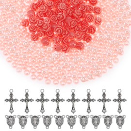 610Pcs Rosary Jewelry Making Kit, Rosary Pearl Beads Carved Rose Beads Rosary Cross Centerpiece Crucifix Medal, Rosary Prayer Making Supplies First Communion Necklace Bracelet Jewelry Making (Pink)