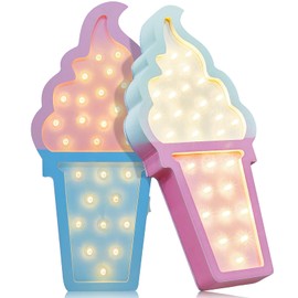 Mudder 2 Pcs Ice Cream Valentine Romance Atmosphere Light Wooden LED Night Light Ice Cream Theme Valentine Romance Lamps Battery Operated LED Night Lights for Party(Blue-Pink)