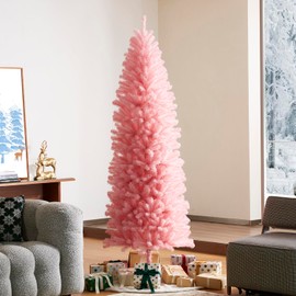 Glitzhome Pencil Tinsel Artificial Christmas Tree, 7.5ft Pink Christmas Tree with 1180 PVC Branch Tips and Foldable Metal Stand for Home Office Party Holiday Decoration