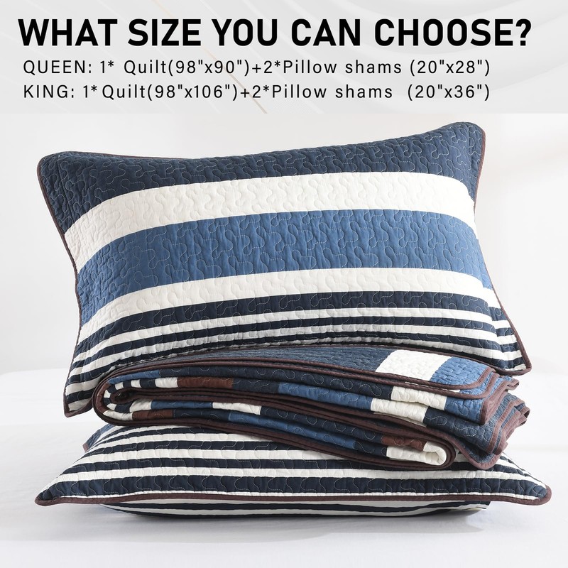 100% Cotton King Quilt, Dark Blue and Brown Striped King