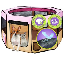 Zampa Puppy Pop Up Portable Playpen for Dog and Cat, Foldable | Indoor/Outdoor Kitten Pen & Travel Pet Carrier + Carrying Case (Pink, Extra Small (29"x29"x17"))