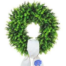 Boxwood Wreaths for Front Door Green Spring Summer Wreaths Farmhouse Door Hanger,Year Round Porch Decor Large Wreath with sash Embroidered Hydrangea and Bowknot for Multi occasions-22inch