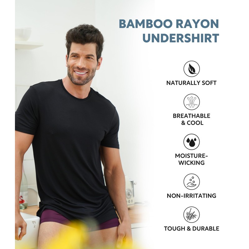 DAVID ARCHY Men's Undershirt Bamboo Rayon Moisture-Wicking T-Shirts Stretch Crewneck