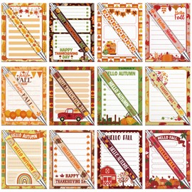 Eaasty 48 Pcs Fall Party Favors Autumn Notepad with Thanksgiving Pens Set 24 Maple Leaf Notebook 24 Pumpkin Ballpoint Pen Fall Thanksgiving Gifts Bulk for Student Classroom Office Stationery Supplies