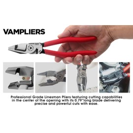 VAMPLIERS 8.5" Shearing Linesman Pliers, Electrician Side Cutting Pliers Screw Extractor Jaws, Crimper, & Shearing Blades. Easily Cut PVC insulated 3-Core Cable, Copper Wire, Soft Metals
