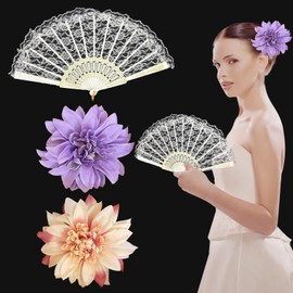 BSITSSS White Lace Hand Fan Folding With 2 PCS Flower Hair Clips, Folding Fans Handheld and Hairs Accessories, Flower Hair Pins Hand Held Fan Set for Women Girls Dancer Wedding Bridal Shower Party