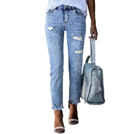 EVALESS Womens Jeans for Women Trendy High Waisted Straight Leg Ripped Strechy Denim Pants with Pockets Sky Blue Wash Size 4