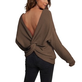 ALENDA DANMOS Women V Neck Criss Cross Twisted Back Sweater Long Batwing Sleeves Cropped Top Off Shoulder Pullovers(X-Small,Coffee)
