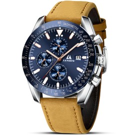 LN LENQIN Mens Watches Chronograph Watches for Men Analog Quartz Watch Waterproof Luminous Men's Wrist Watches Fashion Business Designer Watch Leather Band Gift for Men