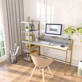 Teraves Computer Desk with 5 Tier Shelves,Reversible Writing Desk with Storage 49 Inch Study Table for Home Office Independent Bookcase and Desk for Multiple Scenes (White Marbling+ Gold Frame)