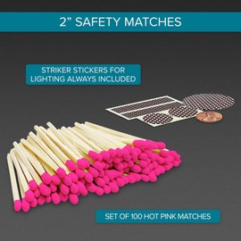 2" Bold Pink Tip Safety Matches | Set of 100+ Bulk Artisan Matchsticks with Striker Stickers by Thankful Greetings | Adorable | Decorative & Unique Candle Lighting | for Home Decor, Event Giveaways