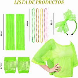 MOVINPE - Juego de accesorios para disfraz de los años 80 para mujer, playera de malla neón, hombros descubiertos, diadema, collar, calentadores de piernas, guantes de red