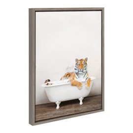 Kate and Laurel Sylvie Bengal Tiger in Rustic Bath Framed Canvas Wall Art by Amy Peterson Art Studio; 18x24 Gray; Modern Fun Decorative Bathtub Wall Art for Home Décor