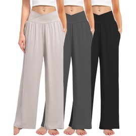 Kivdol 3 Pack Women's Wide Leg Pants Crossover with Pockets High Waist Loose Sweatpants Casual Lounge Yoga Workout Palazzo