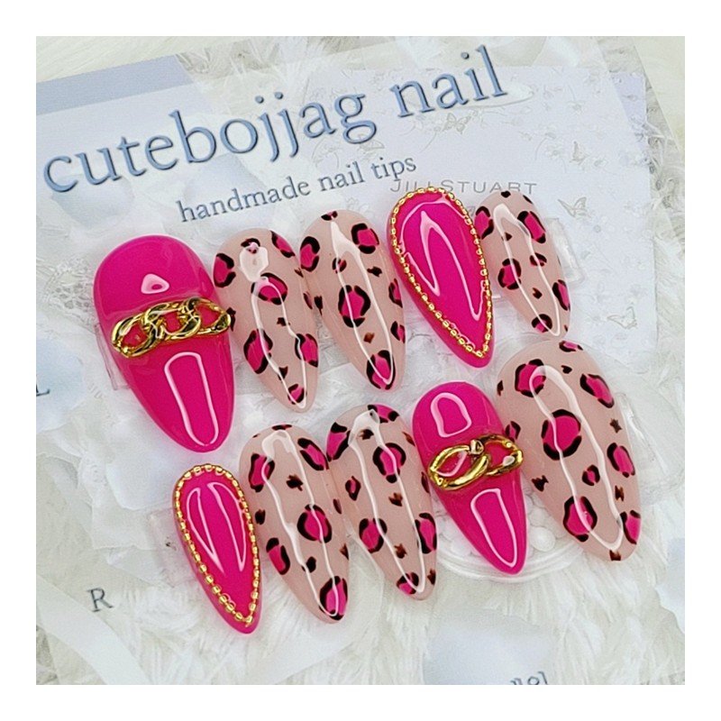 Hot Pink Leopard Handmade Nail Tips - Coffin Egg /