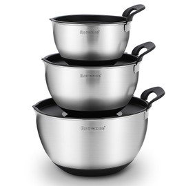 Rorence Stainless Steel Mixing Bowls: Stackable Mixing Bowl Set with Lids and Handles Non-slip Silicone Bottom Nesting Bowls for Kitchen Set of 3 - Black