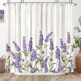 Riyidecor Purple Lavender Shower Curtain Lilac Rustic Wooden Flowers Floral Farmhouse Country Plank Plant Vintage Decor Fabric Polyester Waterproof 72Wx72H Inch 12 Pack Plastic HooksRY-JWXH