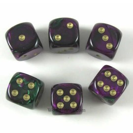 Green Purple Gemini with Gold Pips 16mm D6 Dice Set of 6 Packaged in Tubes or Blister Wondertrail WCX26634E6