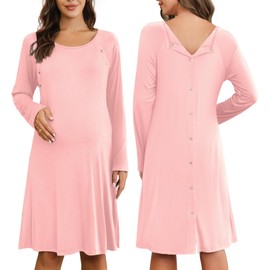 Ekouaer Women Maternity Nightgown Labor Delivery Nursing Gown Hospital Breastfeeding Dress Button Down Long Sleeve Sleepwear Pink XXL