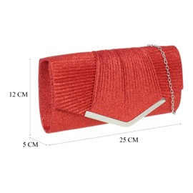 Girly Handbags Pleated Glitter Metallic Frame Evening Clutch Bag for Women, red