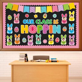 Qyeahkj 60Pcs Easter Bulletin Board Decoration Easter Egg Bunny Cutout DIY Picture Frame Crafts Our Class Is Hoppin Wall Bulletin Board Set for Easter Holiday Teacher School Office Chalkboard Supplies