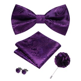 RBOCOTT Purple Paisley Bow Tie and Pocket Sqaure Set with Lapel Pin and Cufflinks for Men(21)