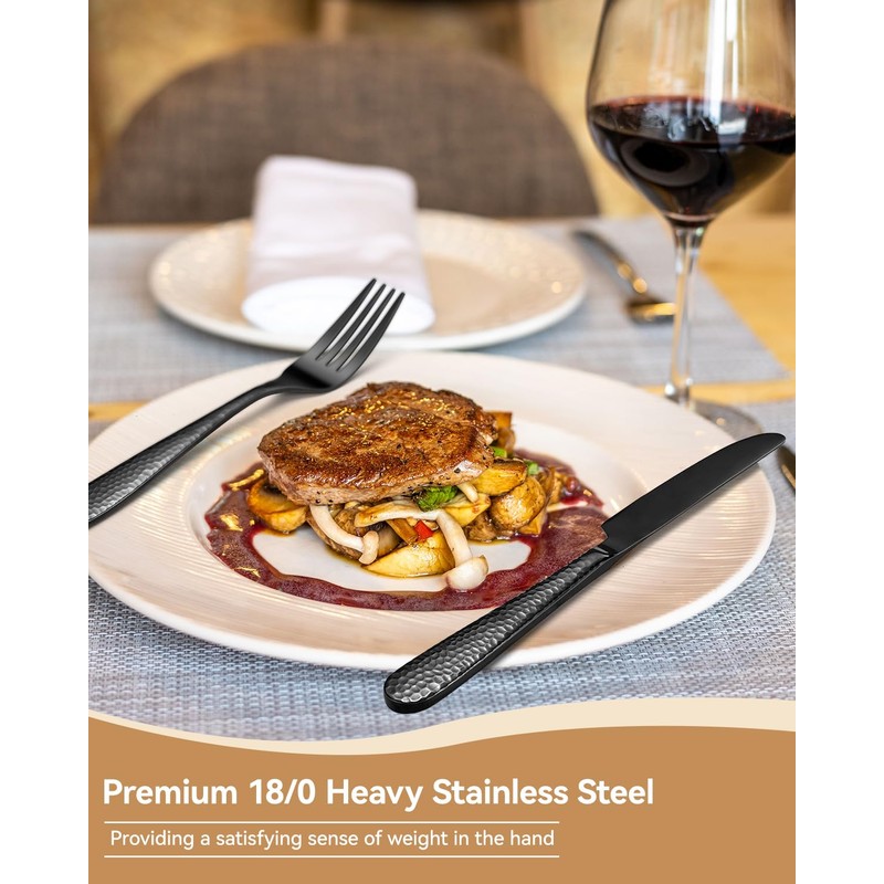 Hammered Silverware Set for 8, Heavy Duty 18/0 Black Flatware
