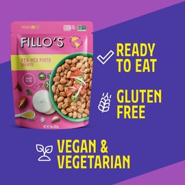 Fillo's Tex Mex Pinto Beans - Ready to Eat Beans, Gluten-Free, Preservative-Free, Microwavable, Non-GMO, Vegan Friendly, Plant Protein, 10 oz Pk of 6
