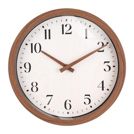 Topkey 12 Inch Round Silent Wall Clock with Wooden Hour and Minute Hands - Wood-Like Frame & White Dial for Home Office Kitchen Decor - Brown