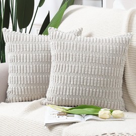 Madizz Pack of 2 Boho Striped Corduroy Throw Pillow Covers 20x20 inch, 50x50 cm, Grey Soft Decorative Cushion Cover for Sofa Bedroom Pillow Shell