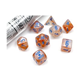 Rose Gold Borealis Luminary Dice with Light Blue Numbers 7+1 Dice Set 16mm (5/8in) Limited Edition Lab Dice Chessex
