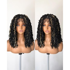 X-TRESS Ombre Blonde Highlight Braided Wigs Passion Twist Knotless Short Locs Braided Wigs for Black Women Embroidered Full Lace Front Wigs Double Lace Front Braided Wigs Bob Short 16 Inch