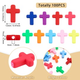 100 Pcs Acrylic Cross Bead for Bracelet Plastic Crucifix Cross Pony Beads Rainbow Cross Rosary Beads for Easter Craft Eid Mubarak Ramadan Holiday Beaded Necklace Jewelry Making 12 mm