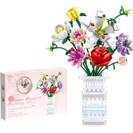 JDHTMTCBGX Adults Flowers Bouquet Building Set for Women, 10 Artificial Flowers, with Blocks Vase (730 Pcs)