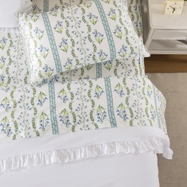 Brandream 100% Cotton Sheet Set King, Blue Lily of The Valley Floral Bedding with Stripe, Grandmillennial Cottagecore Bed Sheets, Soft Breathable Deep Pocket 18 Inch, 4 Piece