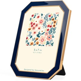 Venusmiles 5x7 Enamel Picture Frame, Octagonal Gold Metal Edge with Easel, High Definition Tempered Glass 5x7 Photo Frame for Wall and Tabletop Display Family Office Photo Gallery, Blue Enamel/1pc